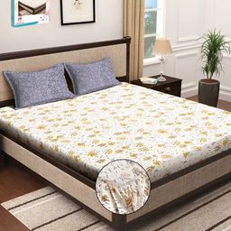 Myntra Elegant Homes White & Yellow Floral Printed Fitted 300 TC Super King Bedsheet With 2 Pillow Cover-image-39