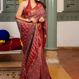 KALINI Ajrak Block Printed Zari Festive Wear Saree-7