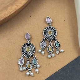 NAMAN ARTS Silver-Plated Artificial Stones and Beads Oxidised Contemporary Drop Earrings-4