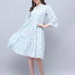 Merira Women Floral Printed Mandarin Collar Pure Cotton A-Line Dress-picture-41