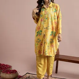 SAHASIKA Floral Printed Shirt Collar Pure Cotton Kaftan Kurta With Trouser-58