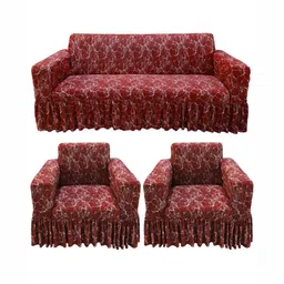 GIFTS ISLAND Maroon & White Printed Polyester 3 Piece Sofa Cover With Arms-image-82
