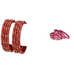 SOMIL Set Of 12 Red & Pink Glass Artificial Stones & Beads Bangles-picture-20
