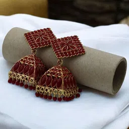 Adhvik Gold-Plated Artificial Stones Studded And Beaded Dome Shaped Jhumkas-6