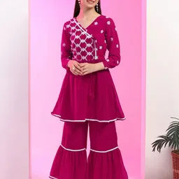 FASHION DREAM Girls Floral Embroidered Angrakha Kurta with Sharara-image-10