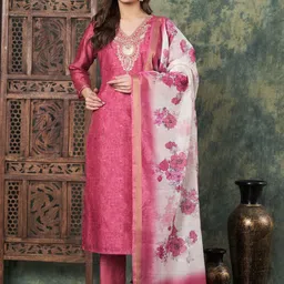 all about you Women Floral Embroidered Regular Chanderi Cotton Kurta with Trousers & With Dupatta-14