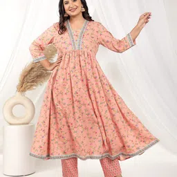 Aramya Floral Printed Square Neck Pure Cotton Anarkali Kurta With Trousers-picture-10