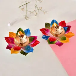 CRAFTAM 2Pcs Pink & Blue Brass & Metal Lotus Shape Akhand Oil Pooja Diyas-image-44
