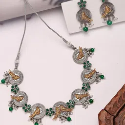 KARATCART Silver-Plated Kundan-Studded & Beaded Peacock Design Jewellery Set-42