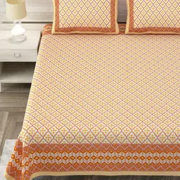 Aapno Rajasthan Yellow & White Ethnic Motifs 144 TC King Bedsheet with 2 Pillow Covers-image-96