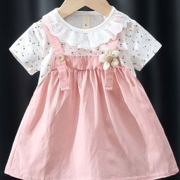 YK Self Design Round Neck Short Sleeves Knee Length Lace Inserts A-Line Dress-31