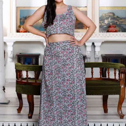MIRAVAN Floral Printed Cotton Crop Top With Skirt Co-Ords-25
