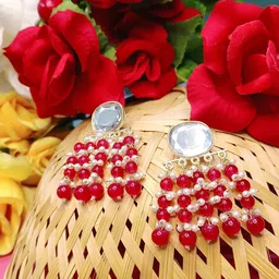 DIVASTRI Gold-Plated Stones Studded And Beaded Oval Shape Drop Earrings-image-50