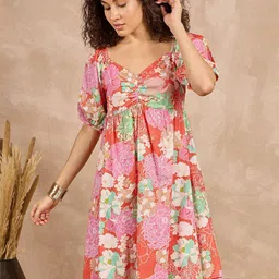 all about you Floral Printed Cotton Puff Sleeve Fit & Flare Mini Dress-image-73