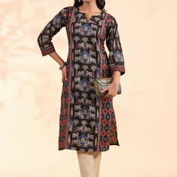 KALINI Ethnic Motif Printed Notch Neck Three-Quarter Sleeves Sequinned Cotton Kurta-image-86