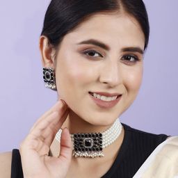 PUJVI Stone Studded & Beaded Oxidised Jewellery Set-image-94