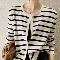 StyleCast Women Striped Round Neck Button-Front Cotton Cardigan-picture-6