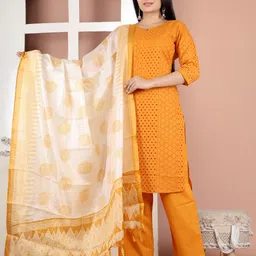 BLU Schiffli Embroidered Notch Neck Straight Kurta with Trousers & With Dupatta-35