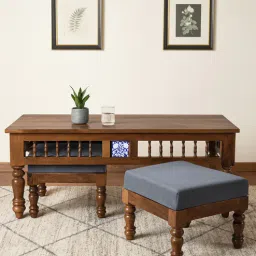 mudramark from pepperfry Mayur Sheesham Wood Nesting Coffee Table Set in Provincial Teak Finish With Cushioned Stools-picture-34