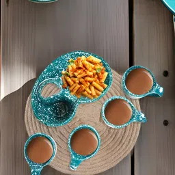 Kraftlik Handicraft Green 4-Pcs Printed Ceramic Tea & Coffee Cup With Snack Tray-47
