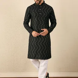 Anouk Men Bandhani Printed Mandarin Collar Straight Silk Kurta-picture-16