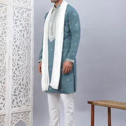 Jompers Men Floral Embroidered Regular Sequinned Kurta with Pyjamas & With Dupatta image 5