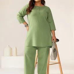 Janasya Women's Plus Size Green Cotton Solid A-line Co-Ord Set-58