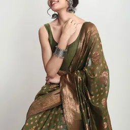 Janasya Ethnic Motifs Zari Silk Blend Banarasi Saree-picture-30