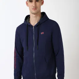 Peter England Casuals Men Alphanumeric Printed Hood Cotton Front-Open Sweatshirt-picture-17