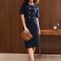 SASSAFRAS worklyf Round Neck Double Breasted Top With Midi Skirt-image-40