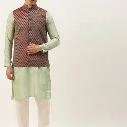 SOJANYA Men Green & Maroon Ethnic Motifs Kurta with Churidar & Nehru Jacket-image-76