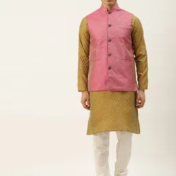 SOJANYA Men Olive Brown & Pink Jacquard Ethnic Motifs Straight Kurta with Churidar-15