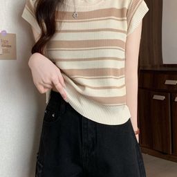 KPOP Women Striped Round Neck Short Sleeves Top-picture-57