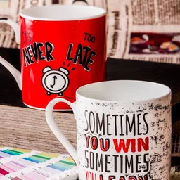 GOODHOMES Set Of 2 White & Red Printed Bone China Tea Coffee Mugs-2