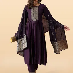 Anouk Rustic Floral Yoke Design Round Neck Zari A-Line Kurta With Trousers With Dupatta image 4