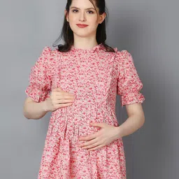 Zuvino Floral Printed High Neck Puff Sleeves Ruffled Peplum Maternity Top-30