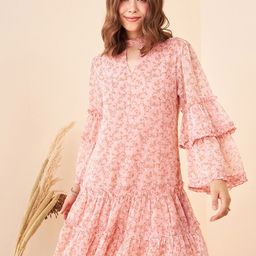 Kibo Floral Printed Keyhole Neck Bell Sleeve Drop-Waist Above Knee Dress-image-21