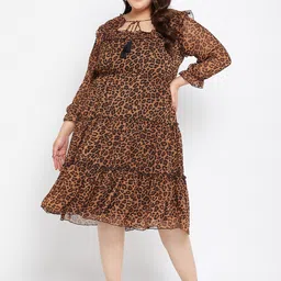 Antheaa Curve Animal Print Tie-Up Neck Puff Sleeve Layered Chiffon A-Line Dress-image-40