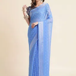 Mitera Blue & Silver-Toned Ethnic Motifs Woven Design Zari Pure Chiffon Saree-26