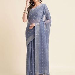 Mitera Grey & Silver-Toned Ethnic Motifs Woven Design Zari Pure Chiffon Saree-31