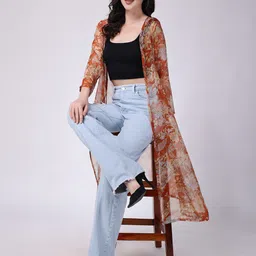 SCORPIUS Floral Printed Sheer Longline Open Front Shrug-43