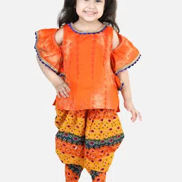 BownBee Girls Orange Ethnic Motifs Dyed Pure Cotton Top with Dhoti Pants-picture-56