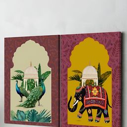 Art Street Green & Brown Canvas Painting Elephant & Peacock Mughal Wall Art-56