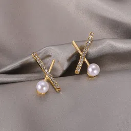 FIMBUL Gold-Plated Stone-Studded & Pearl-Beaded Contemporary Stud Earrings-97
