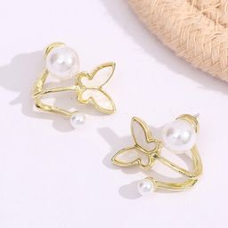 FIMBUL Gold-Plated Pearl-Beaded Butterfly Shaped Studs Earrings-10