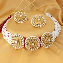 Sukkhi Women Gold-Plated White & Red Pearl Beaded Jewellery Set-picture-34