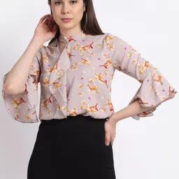La Zoire Brown Floral Print Ruffles Georgette Blouson Top-picture-29