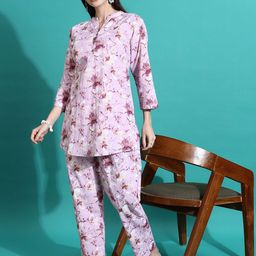 9shines Label Floral Printed Mandarin Collar Pure Cotton Night suits-image-85