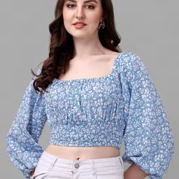 Masakali Co Blue Floral Print Crepe Blouson Crop Top-27