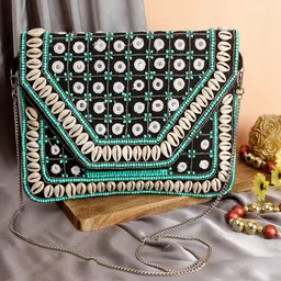 Swisni Green & White Embroidered Envelope Clutch-picture-35